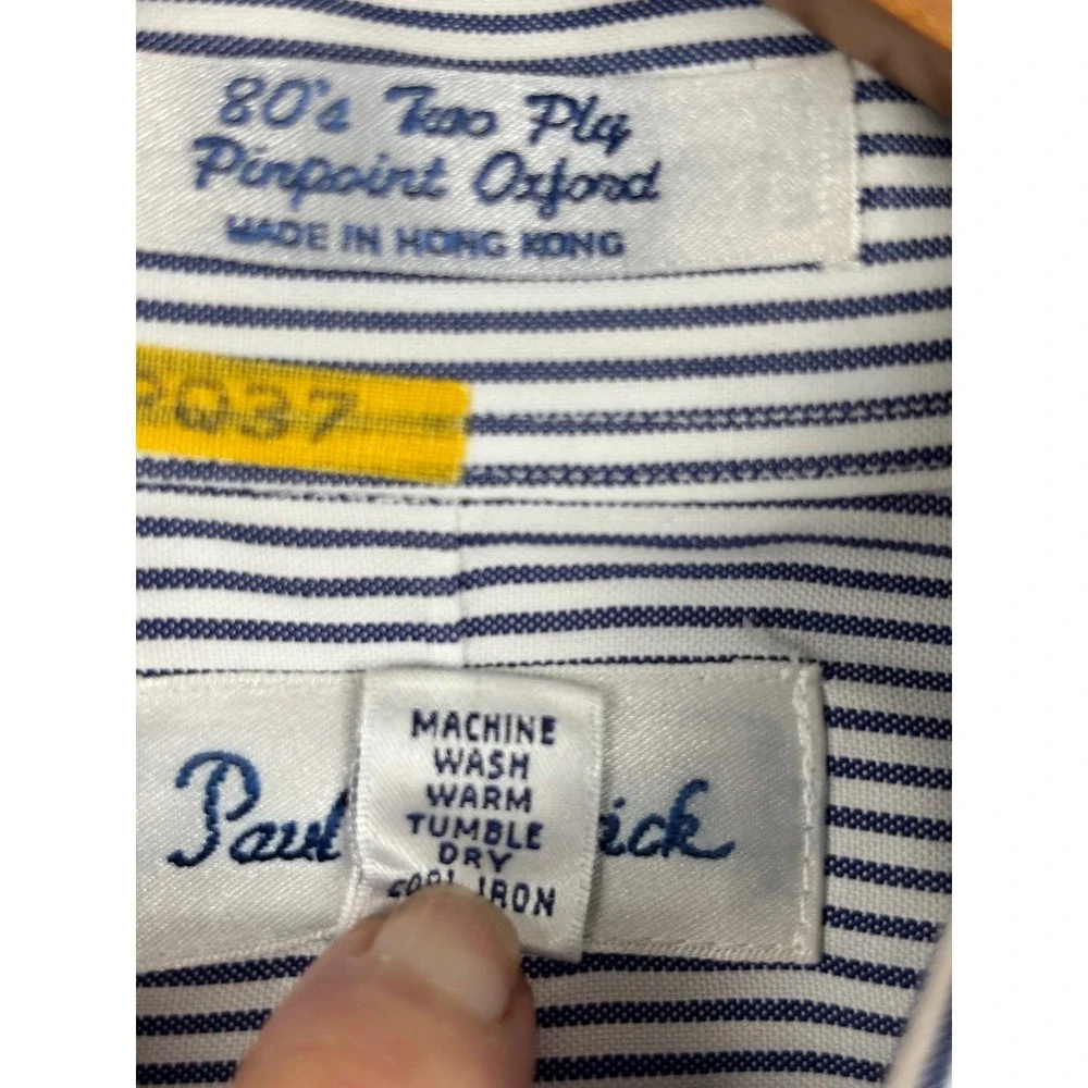 Paul Fredrick Mens 17-32 Blue White Striped Pinpoint Oxford Button Down Shirt